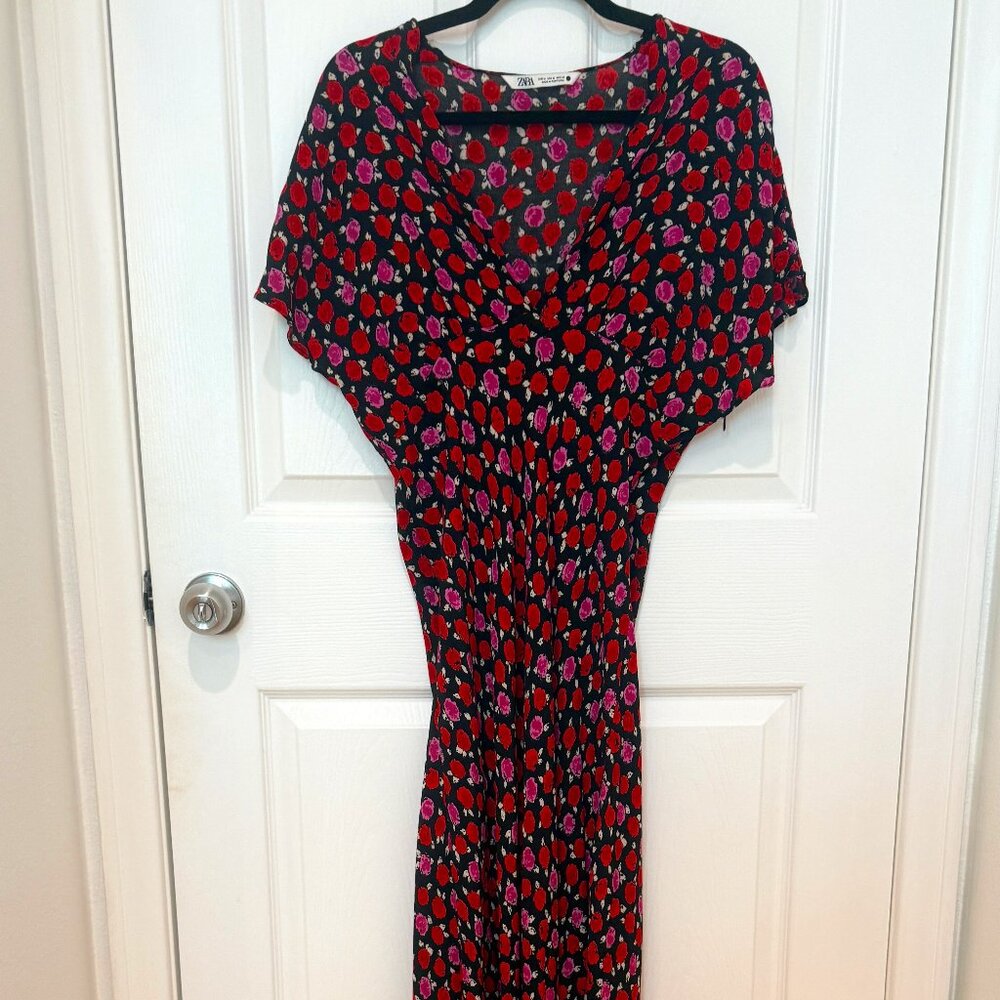 ZARA MINI ROSES BLACK, RED, PINK MAXI DRESS